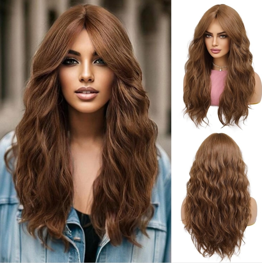 Brown Wig Long Curly With Bangs Wavy wig Natural Synthetic